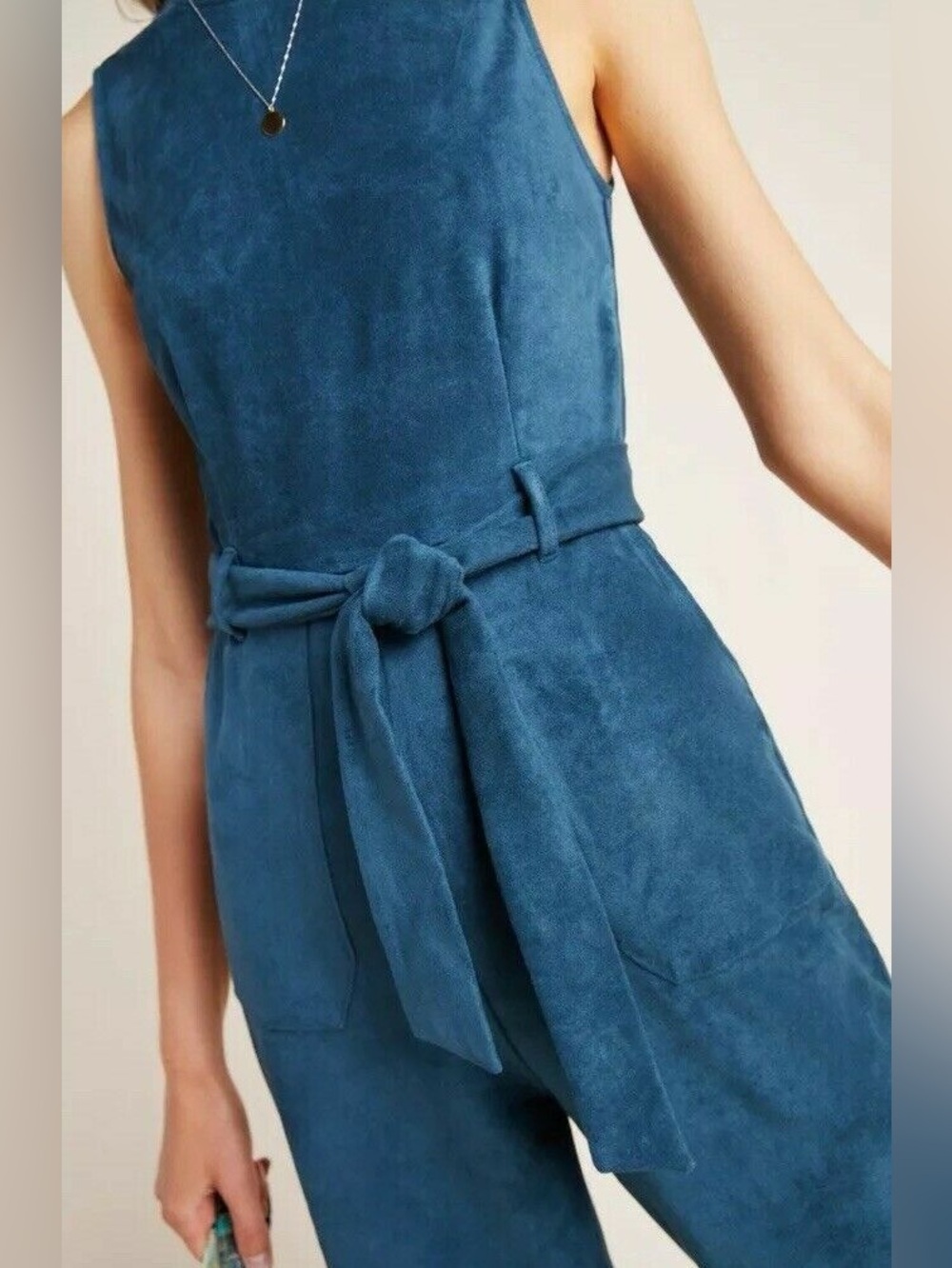 Anthropologie bishop + young Teal Blue Sleeveless Vegan Suede Jumpsuit.